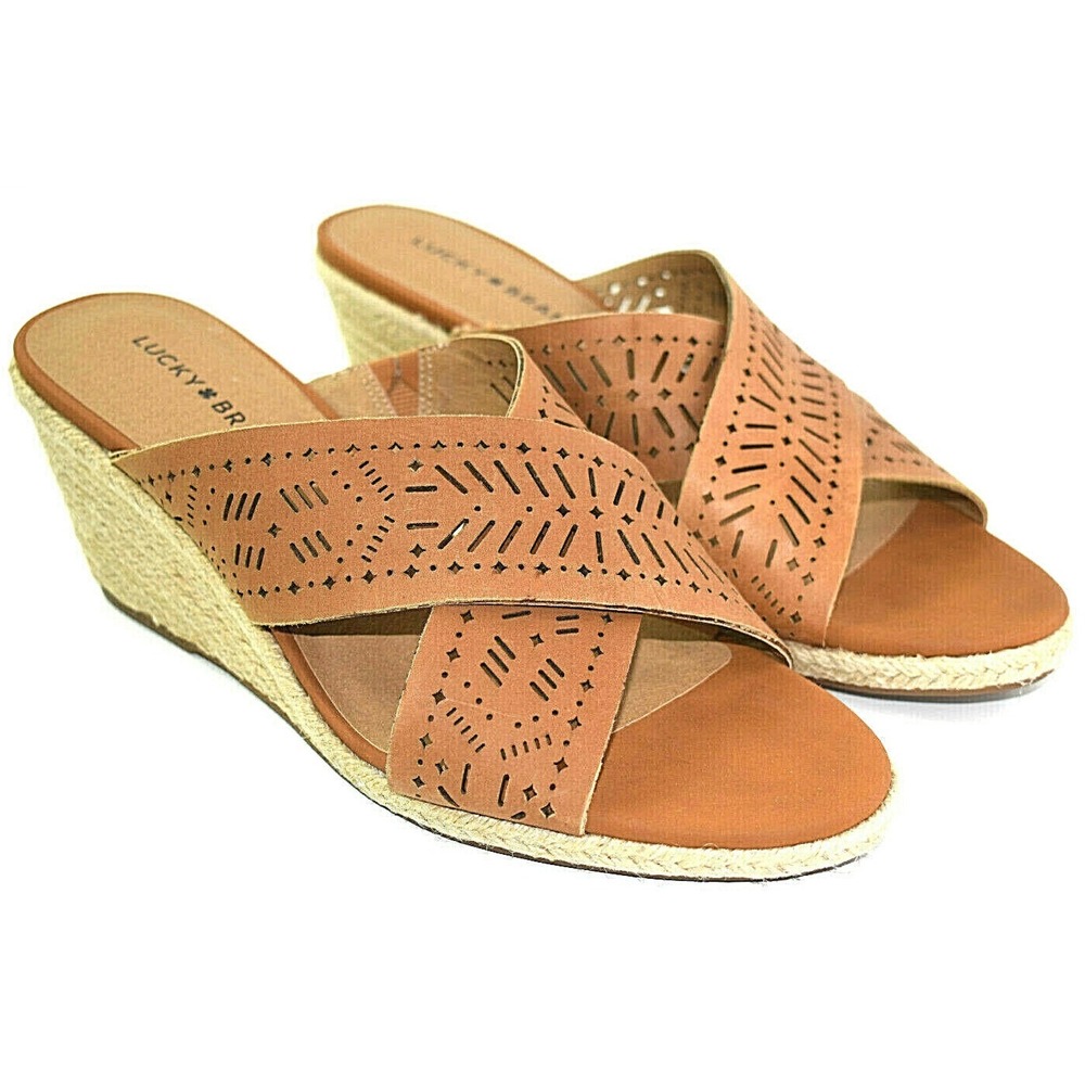 Lucky Brand Keela Women's Brown Leather Espadrilles Wedge Sandals Sz 10 Wide NEW